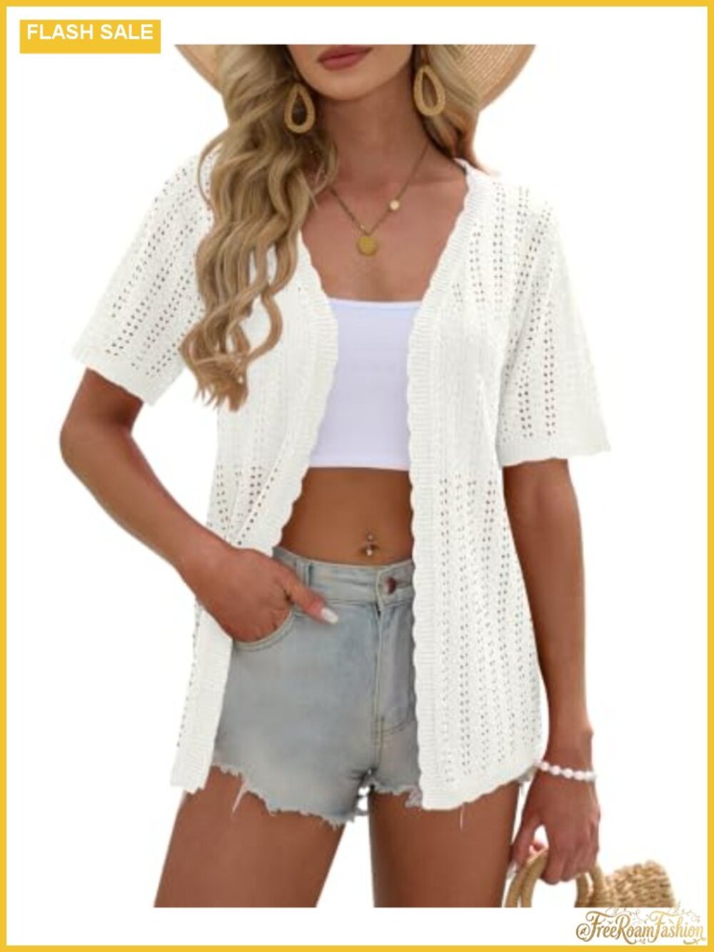Womens Short Sleeve Pointelle Knit Cardigan Boho Scalloped Trim Cover Up